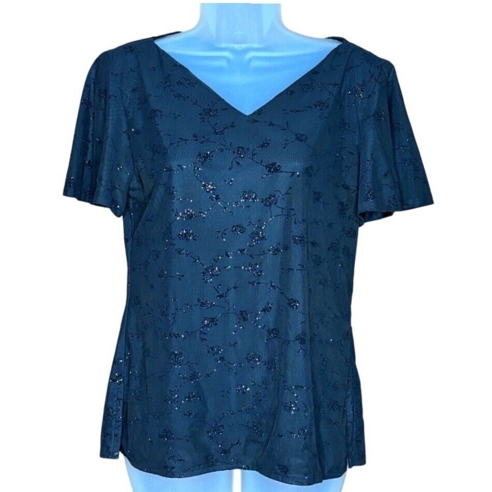 Formal Fashions Top 10 Black Flocked Floral Glitter V-Neck‎ Whimsigoth Dark Glam